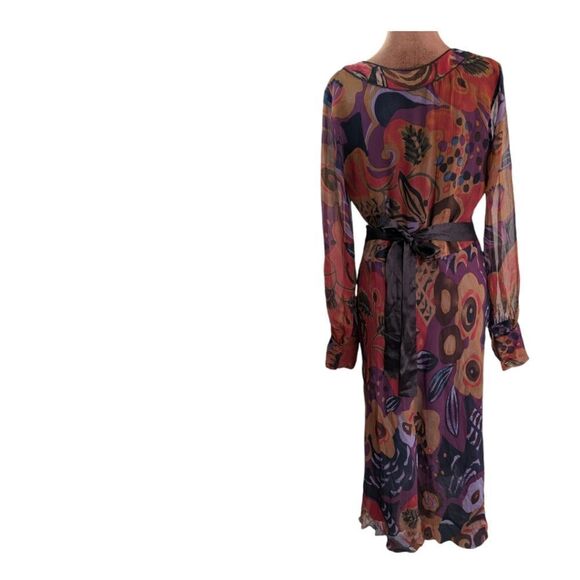 Vintage 100% Silk FLORAL midi dress ribbon tie long sleeves US size 6 - Picture 11 of 16
